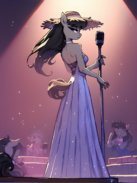 score_9, score_8_up, score_7_up, score_6_up, 1girl, Octavia \(mlp\), anthro pony, tail, sexy dress, wide-brimmed hat, stand microphone, club, on stage <lora:Oglaf_v0.2:1>