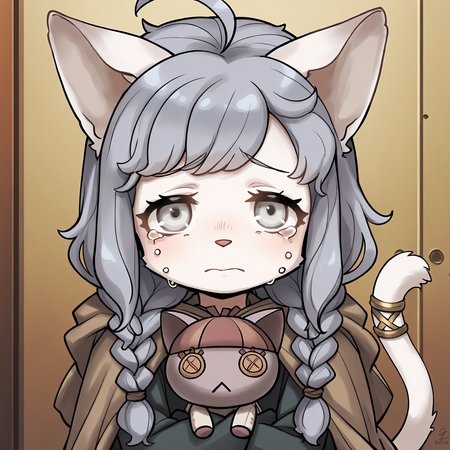 BREAK, <lora:Sheena_Falafel:1>, Sheena Falafel, Fuga: Melodies of Steel, kemono, furry female, young female, 1girl, cat girl, white fur, grey eyes, pastel blue hair, long hair, ahoge, bangs, sidelocks, animal ears, cat ears, animal nose, pink nose, cat tail, tail ornament, braided anklet, Fuga 1 appearance, twin braids,
BREAK, Fuga 1 Outfit, black dress, brown cloak,
BREAK, Bleuette, Bleuette doll, character doll, stuffed cat,
BREAK, solo, face focus, close-up, sad, tears, crying, looking at viewer