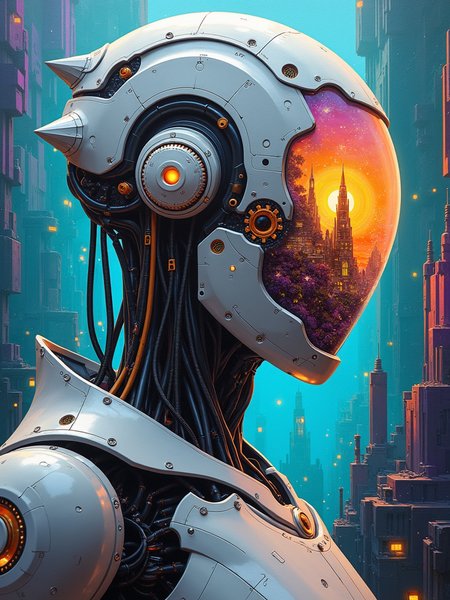 The painting is rendered in a mind-bending hyperrealistic sci-fi style. The brushstrokes are so fine that they seem to disappear, creating a seamless and almost photographic quality. The colors are a vivid explosion of iridescent hues and metallic tones, with a hint of neon glow. The texture is a complex combination of smooth surfaces and intricate patterns that seem to shift and change depending on the light.
Scene Description: In the center of the painting looms a colossal robotic being, its upper body in a powerful half-portrait view. The robot's body is a fusion of advanced alloys and energy fields, with a sleek and imposing design. Its face is a transparent, multi-faceted visor that reflects a kaleidoscope of complex and fantastical future landscapes. Some of these landscapes are pulsating cityscapes filled with towering crystalline structures and floating platforms. Others are alien worlds with strange bioluminescent flora and fauna. The robot's body is adorned with intricate runes and symbols that seem to glow with an inner power. Surrounding the robot are fragments of shattered glass-like panels that refract and distort the light, creating a mesmerizing play of colors and shapes. Each panel shows a different fragment of a surreal and otherworldly scene, from a cosmic storm to a time-traveling portal.
Composition: The robot is the dominant force in the frame, its massive presence creating a sense of awe and wonder. The fragmented panels are arranged in a dynamic pattern around the robot, leading the eye in a circular motion and adding to the sense of mystery. The composition is asymmetrical and full of tension, with no clear center but a constant flow of energy.
Color Palette: The colors are a vivid mix of electric blues, purples, and greens, with accents of gold and silver. The robot's body is a combination of metallic tones and iridescent hues, while the panels reflect a rainbow of colors. The overall effect is a visual feast that challenges the imagination.
Light and Shadow: A soft, otherworldly light emanates from the robot and the panels, casting a gentle glow and creating long, dramatic shadows. The light seems to bend and refract around the surfaces, adding to the surreal atmosphere. The shadows are deep and mysterious, hinting at hidden depths and unknown powers.
Detail: Every inch of the painting is a masterpiece of detail. The robot's body is covered in minute patterns and textures, from the microscopic circuitry on its surface to the complex mechanisms within. The visor reflects a world of infinite detail, with every building, creature, and phenomenon clearly defined. The fragmented panels are filled with intricate scenes that seem to tell a story of their own, inviting the viewer to explore and discover.