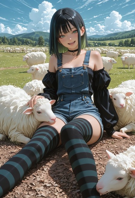 masterpiece, best quality, hyperrealistic art, surreal,
solo, 1girl, medium hair, black hair, green highlights, long sidelocks, green eyes, detailed eyes, ear piercing, hair behind ear, black choker, strapless topwear, dark blue topwear, overall shorts, denim overalls, detached sleeves, puffy sleeves, black thighhighs, striped thighhighs, sitting on ground, hill, plants, trees, surrounded by sheep, patting sheep, blue sky, fluffy clouds, looking at viewer, laughing