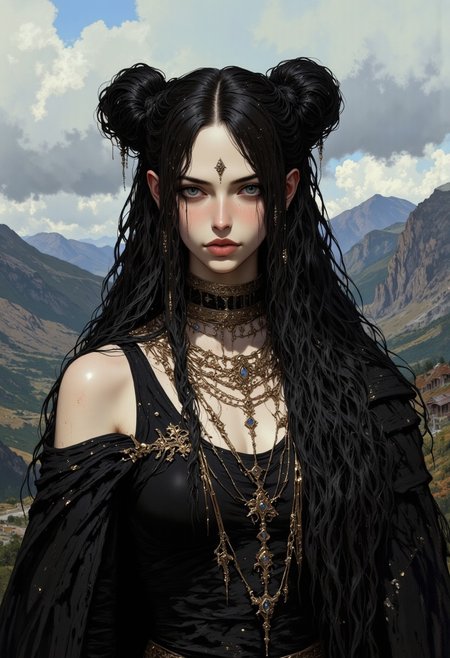 a girl with dark hair braided into two high buns, from which long strands fall. her skin is light. She is dressed in a black dress with open shoulders, decorated with lace. Around her neck are several chains and a choker. The background is a landscape with mountains and valleys under a cloudy sky.mountains