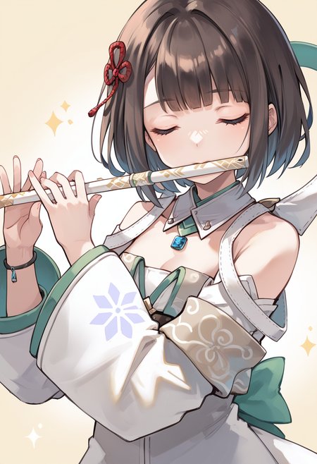 (score_9:0.9),score_8_up,score_7_up,rating_safe,anime style,(zPDXL),<lora:Xb3 miyabi ponyXL v1:0.8>,miyabi xb3,white detached sleeves,white dress,white detached collar,red hair ornament,1girl,flute,solo,closed eyes,playing flute,music,simple background,holding,upper body,holding instrument,<lora:flute:0.85>,