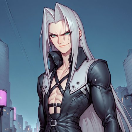 score_9, score_8_up, score_7_up, flightless detailed closeup action shot, from front, Sephiroth leaping through the air swinging very long sword in a wide overhead arc, smug expression, dynamic pose, exaggerated perspective emphasizing action, in an industrial city at night, dim street lighting, solo, beautiful, androgynous, flat chest, leather straps, broad shouldered, leather coat, high contrast, industrial cityscape background,