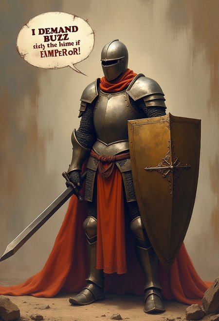 knight,holding claymore sword, speech bubble says "i demand buzz in the name of Emperor"