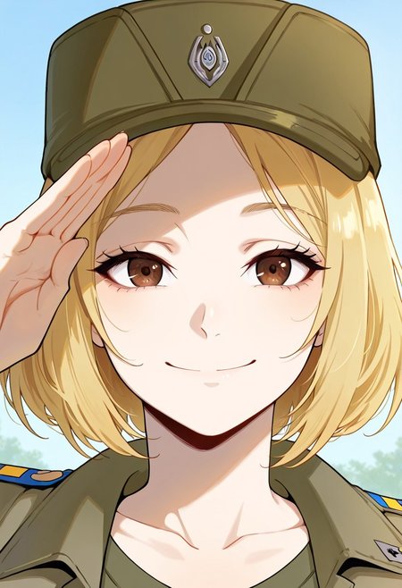 screencap, masterpiece, best quality, (Expressiveh),
1girl, solo female, marichka, blonde hair, short hair, brown  eyes, military uniform, military hat, portrait, cute, beautiful, close up up close, close, looking at viewer, happy, smile, closed mouth, salute, right hand salute,