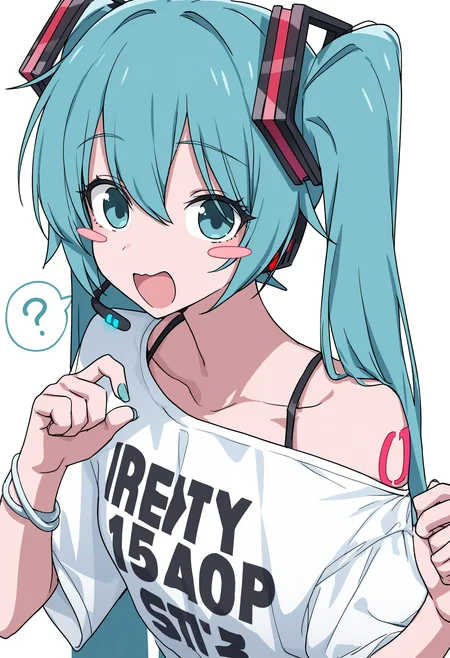 1girl, hatsune miku, 
channelstyle, ?, solo, twintails, shirt, spoken question mark, long hair, white shirt, white background, aqua eyes, open mouth, upper body, aqua hair, hair ornament, very long hair, off shoulder, single bare shoulder, t-shirt, smile, collarbone, clothes writing, simple background, short sleeves, headphones, aqua nails, speech bubble, :d, hair between eyes, hands up, wavy mouth, off-shoulder shirt, blush stickers, headset, looking at viewer, alternate costume,
masterpiece, best quality
 <lora:ChannelStyle-RASF-000100:1>