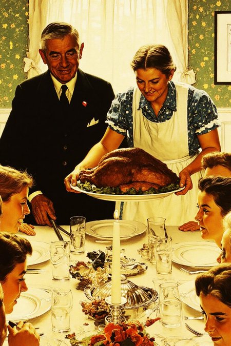 normanrockwell1 painting. 
A family gathered around a large dining table, enjoying a Thanksgiving dinner. The table is laden with a roasted turkey, surrounded by various dishes and serving pieces.
The central figure is a grandmother wearing apron, bringing in a large roasted
turkey.  The grandfather is standing behind her.
 <lora:normanrockwell1_cap_d6a3e12:1.0><lora:841443458607589277:0>