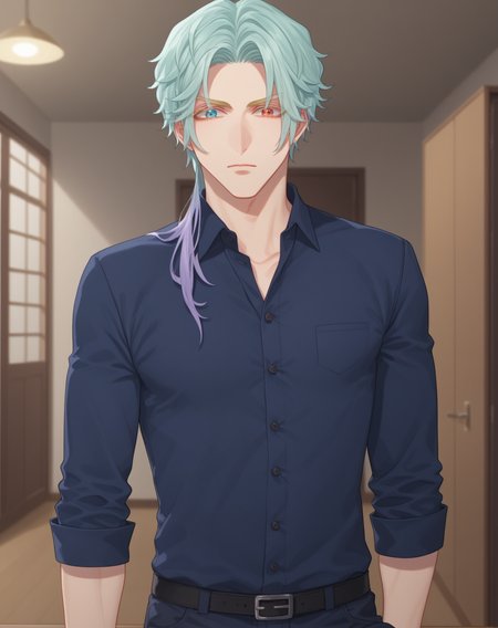 score_9, score_8_up, score_7_up, source_anime, anime screencap, depth of field, rating_safe, BREAK,
1boy, solo, yaoi, male focus,
looking at viewer, cowboy shot, facing viewer, standing, straight-on, arms at sides,
<lora:Peter_Flaige_Pony:1> peterflaige, aqua hair, heterochromia, long hair,
shirt, pants, 
indoors,