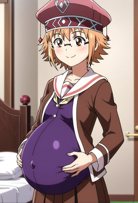 score_9, score_8, score_7,
best quality, masterpiece, 4k, perfect lighting, very aesthetic, anime, anime coloring, official art, anime screencap, absurdres,
bedroom, hands on belly, happy, smile,
 (large pregnant belly:1.1), (round belly:1.1), (pregnant bump:1.1), 
<lora:PeterGrillPhilosophersTimeV2:1>  Mitchy Peligrima, short hair, brown hair, brown eyes, glasses, orange hair, small chest, hat, school uniform, purple shirt, brown vest,
(covered belly:1.5), (pregnancy clothes:1.5)
cowboy shoot,