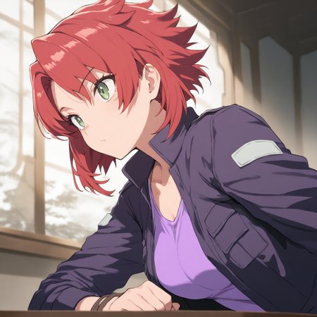solo,upper_body,masterpiece,high score,great score,absurdres,jacket,purple shirt,<lora:Chiaia_Flan ag4o v1:1> chiaiaflan, short hair, red hair, green eyes,