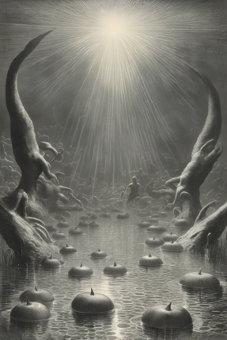 <lora:Gustave Dore Style:1>Gustave Dore Style - Gustave Dor illustration of a pond covered in lily pads, light rays through the water illuminate swimming creatures below the ponds surface