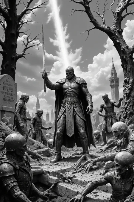 terror horror fantasy landscape, graveyard, comics, very detailed medieval warrior  holding a sword fighting against a group of esquletons, vampires and monsters, (multilayer paint splash style),  <lora:Hand v2:1> <lora:Anti-Blur:1> <lora:Insane Detail Slider:0.5>   <lora:Flux.1_Turbo_Detailer:0.6>   <lora:flux-photo-transparent_Alpha_1.0:0.8> <lora:flux.1_lora_flyway_Epic-detail_v2:1>   <lora:FluxMythP0rtr4itStyle:0.8> mythp0rt <lora:zy_Dark_Fantasy_Flux:0.5> <lora:Wraith_BW_Flux:0.2> B&W
