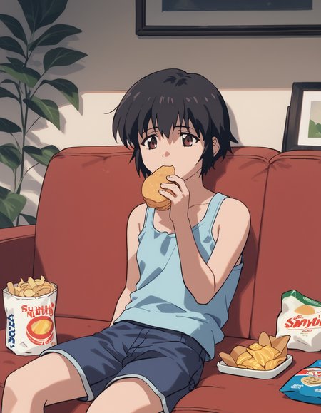 score_9, score_8_up, score_7_up, score_6_up, score_5_up, score_4_up
<lora:noir-2x-ponyxl-000016:1>
yuumura kirika, tank top, blue shirt, blue shorts
living room, couch, sitting, snack, potato chips, eating, messy room