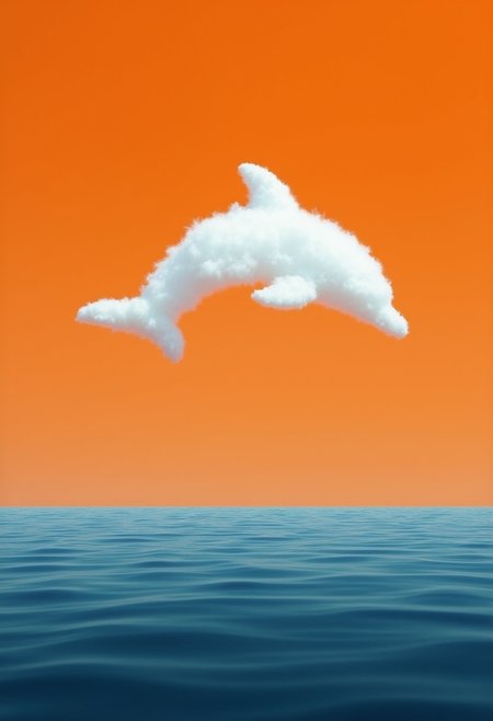 This image evokes a sense of calm, tranquility, and a touch of surrealism. The minimalist composition and vibrant color palette create a striking and visually appealing scene.

Color Scheme and Tones

Dominant Colors: The image is dominated by a warm, vibrant color palette, with a bright orange sky and a deep blue ocean.

Contrasting Colors: White color provides a striking contrast against the orange sky, drawing the eye to the center of the image.

Muted Palette: The overall color palette is slightly muted, emphasizing the serene and peaceful atmosphere.

Composition

Central Focus: The single fluffy cloud shaped like a dolphin is the central focus of the image, drawing the viewer's attention to the center of the composition.

Symmetrical Balance: The symmetrical arrangement of the sky and the ocean creates a sense of balance and harmony.

Leading Lines: The horizon line leads the eye towards the fluffy cloud shaped like a dolphin, adding depth and perspective.

Textures and Graphic Patterns

Mixed Textures: The image combines various textures, such as the smooth texture of the sky, the rough texture of the water, and the soft texture of the cloud which is in a shape of dolphin.

Graphic Patterns: The patterns created by the ripples in the water and the fluffy cloud shaped like a dolphin adds visual interest and rhythm to the composition.
Unique Artistic Technique (Minimalism and Surrealism)

This image is a prime example of minimalist and surrealist art. The minimalist approach, with its focus on simplicity and essential elements, creates a sense of calm and tranquility. The surreal element of the single fluffy cloud shaped like a dolphin in the vast sky adds a touch of mystery and wonder, inviting the viewer to contemplate the vastness of the universe.

Important Details

Symbolism: The cloud in a shape of a dolphin could symbolize various things, such as dreams, aspirations, or the fleeting nature of life.
Surrealism: The image is slightly surreal, with the single fluffy cloud shaped like a dolphin contrasting with the vast expanse of the sky and ocean.
Atmosphere: The serene and peaceful atmosphere invites the viewer to relax and contemplate the beauty of nature.
Overall Interpretation

This image is a captivating and thought-provoking piece of art that invites the viewer to appreciate the simple beauty of the natural world. The minimalist composition, vibrant colors, and surreal touch create a visually stunning and emotionally resonant image. It encourages viewers to slow down, take a breath, and appreciate the beauty of the moment.