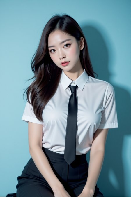[8][24_94]<lora:SofiaFluxV1:1>, Realistic photograph, masterpiece, Against a soft, true gradient blue background, a stunning real large breasts Japanese woman with long, flowing dark hair, her piercing gaze directly addressing the viewer. necktie, looking at viewer, shirt, skirt, white shirt, realistic, brown eyes, lips, sitting, short sleeves, collared shirt, black skirt, black necktie, office lady, indoors