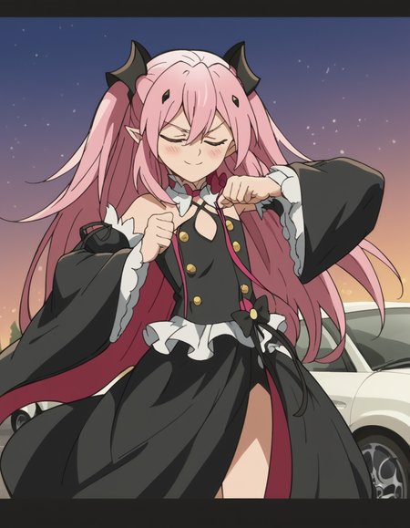 score_9, score_8_up, score_7_up, source_anime, <lora:krul-tepes-s2-ponyxl-lora-nochekaiser:1>, krul tepes, long hair, red eyes, pink hair, pointy ears, hair ornament, anime screencap, dress, bare shoulders, detached sleeves, wide sleeves, detached collar, black dress, bowtie,, parking lot, cars, asphalt, spaces, open, smile, <lora:shikairo-days-dance-ponyxl-lora-nochekaiser:1>, shikairo days dance, shikairo days dance (meme), dancing, meme, closed eyes, clenched hands, glowsticks, blush, smile,, looking at viewer, solo,, dutch angle, cowboy shot