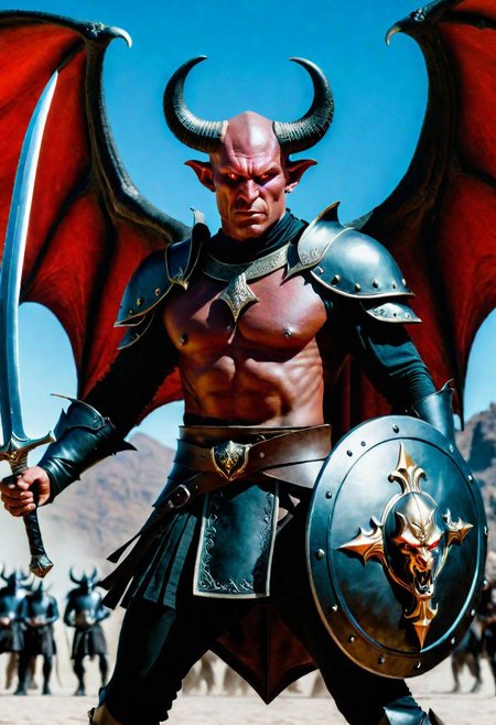 A hyperrealistic 8k photograph was captured by Sid Avery's Hasselblad camera, depicting close-up a handsome+ Tiefling shield bearer with pink+++ skin and slender build during a battle+++, surrounded by demons+, He has a bald head, yellow eyes, calm+ and handsome+ and detailed+ face, He is dressed in a musketeer XVI outfit, high details and era-appropriate, He is wielding a Backsword+ in the right hand, and he is holding a steel shield+++ in the left hand, the character has large demonic wings+++, Backdrop (background) of a focused scene of a battle++ with demons+ next to a white-marble+ palace+, Mysterious composition, imbued with an ambient 3d warm studio backlight, Lovecraftian Horror-themed, in the artistic style of Boris Vallejo++,