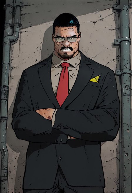 (masterpiece), (ultra-detailed, 8k, gritty cinematic style), mid shot, male pov (best quality), (ultra-detailed), noise effect. chromatic aberration, 
BREAK
1 boy,  black hair, bara, pants facial hair, mustache,  formal, suit, red necktie, collared shirt, glasses, eyes at viewer, bare breasts,no pants, portrait,   standing, arms crossed, alley lit by flickering neon, happy, clenched teeth, frown 
BREAK
urban desire at its peak, 
,