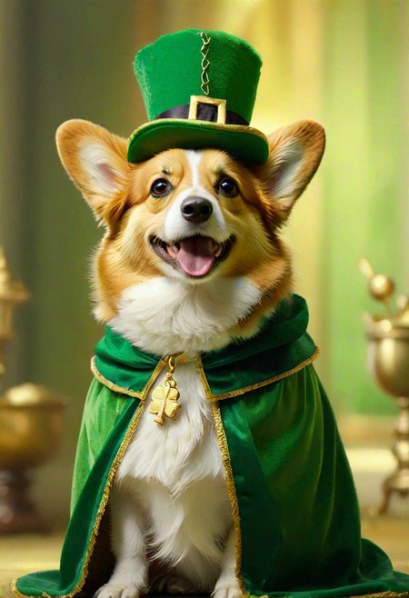 a fluffy corgi, dressed as St. Patrick, bishop's hat, green cloak, (tiny gold staff:1.2), mischievous grin, soft focus background, 8k, hyperrealistic, digital painting