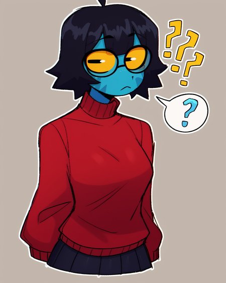 score_9_up, score_8_up, score_7_up, score_6_up, by remanedur, half-length portrait, medium breasts, black hair, blue body, yellow sclera, horizontal pupils, red topwear, red sweater, short hair, female, glasses, question mark,  black skirt, looking at viewer, solo, neutral expression, black boots, three-quarter view, head tilt, simple background, white outline,<lora:Leah_Pines(AIM)_XL_v1:0.15> <lora:PDXL_artist_tags_v2_big:0.5> <lora:The-Minuscule-Task_PDXL_v1.0:0.6>  <lora:Zul_ZzzilArt:0.75>