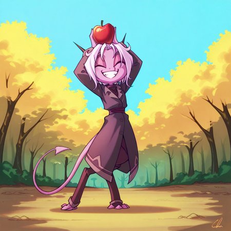 score_9, score_8_up, score_7_up,namah_calah,
1girl,solo,furry,tail, source_furry,horns,
 ,<lora:namah_calah_illustrious:0.8>,
child, kid, 
balancing, apple, playful, smiling, cute, outdoors, warm colors, fluffy hair, bright sky, soft shading, standing under a bright blue sky, balancing an apple on her head with a playful grin. She wobbles slightly, trying her best not to let it fall.