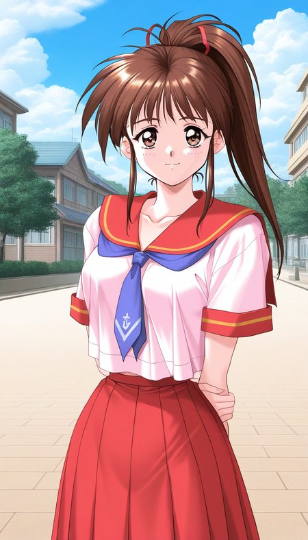 general,highres, game cg, ultra-detailed,very aesthetic,best quality ,best hands,  BREAK  <lora:Tanaka_Misa_IS:1>TanakaMisa, 1girl, brown hair,brown eyes, ponytail, long hair, breasts, hair ribbon, medium breasts, school uniform, serafuku, red skirt, pleated skirt,  
solo, skirt, day, outdoors, looking at viewer, arms behind back, sky, building, cowboy shot, cloud, necktie, short sleeves, bangs, high ponytail, sailor collar.
1990s (style), takei masaki style,