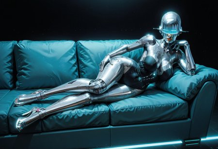 (score_9, score_8_up:1.1), score_7_up, A beautiful robot woman with a iridescent chrome metal body. some areas have glowing plastic . the background is empty, warforged, metal body, robot, cs-cr1stal-18 / dynamic pose / Tron / big breasts, thin waist, wide hips, wide thighs. teal, platinum, // (score_9, score_8_up:1.1), score_7_up, , (score_9, score_8_up:1.1), score_7_up, ,dark lighting, perfect reflection, darkness , perfect shadows, score_9, score_8_up, score_7_up, score_6_up, solo, cleavage, perfect big breasts, perfect thin waist,ultra , (large breasts, , , full body, she is lying on a crystal couch, relaxed pose, viewed from low angle, , she is lying on an elegant leather couch, on her side hip. she is looking at viewer in a seductive pose , vibrant neon colours. her face is close to viewer