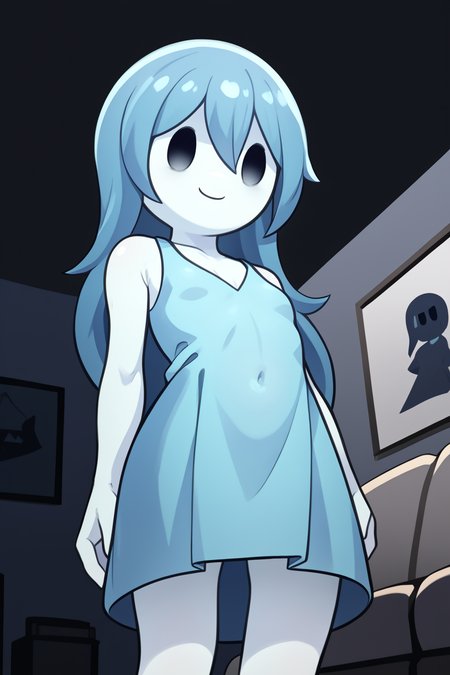 score_9, score_8_up, nsfw, score_7_up, <lora:Spooky:0.9>  spooky (sjm), ghost girl, solid oval eyes, smile, transparent, colored skin, long blue hair, small breasts, blue dress, solo, Standing, from below,, room, couch,