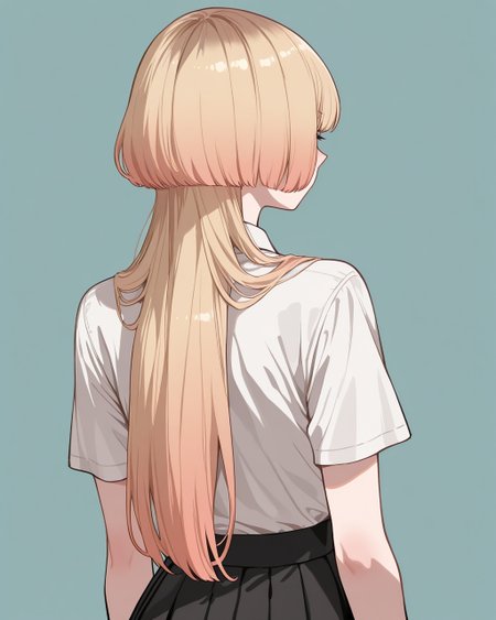 masterpiece, best quality, highres, simple background, from behind, 
1girl, jfcut, long hair,
<lora:jellyfish_haircut_il_v1:0.7>