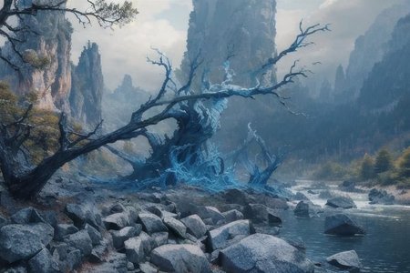 (Realistic:1.5) EdobLandscapeAlpha , outdoors, thorns, signature, blue theme, evening, alien, bridge, solo, rock, forest, <lora:EdobLandscapeAlpha_v1.0:0.8>