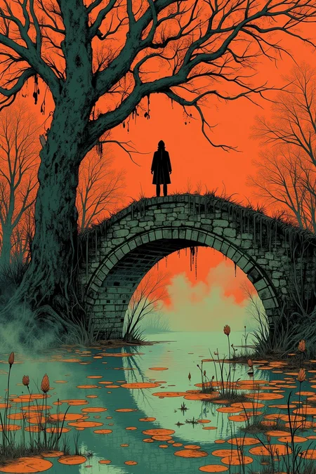 A dark turquoise sky hangs low over a worn stone bridge that arcs out into the mist-shrouded wetlands. The air is heavy with the scent of decay and stagnation. A lone figure stands at the bridge's center, shrouded in shadows. Water lilies float like skeletal fingers on the still waters below. The atmosphere is oppressive, yet somehow peaceful.