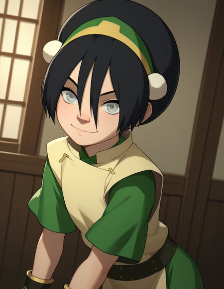 score_9, score_8_up, score_7_up, source_anime, <lora:toph-beifong-book2-ponyxl-lora-nochekaiser:1>, toph beifong, black hair, hairband, blind, grey eyes, hair between eyes, short hair,, shirt, green shirt, vest, belt, short sleeves,, indoors, bent over, smile, looking at viewer, solo, cowboy shot, dutch angle