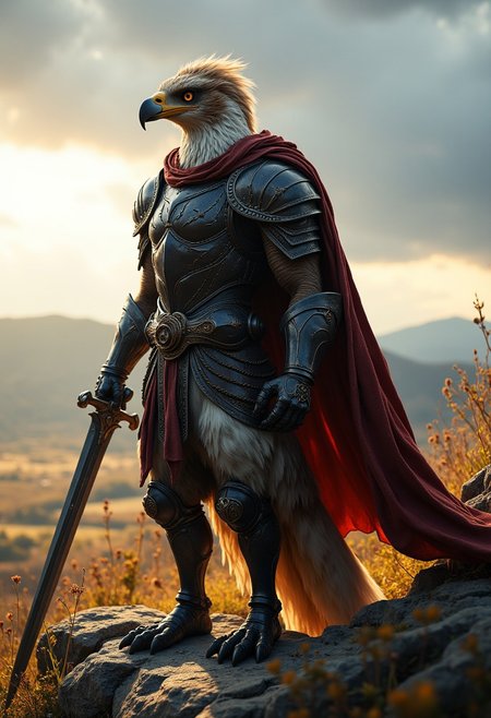 A highly detailed cinematic scene of a 4k movie-still of an Aarakocra, A fantastical anthropomorphic eagle stands stony precipice beneath a partly cloudy sky. The Aarakocra, with feathers transitioning from white to brown, has a sharp yellow beak and piercing yellow eyes. Clad in intricate medieval-style armor, the Aarakocra holds a long, ornate sword in its right hand, with the left resting on the hilt, poised for battle. A red cape flows dramatically behind, catching the light against the dark armor. The background showcases an open field of tall grasses and distant hills, illuminated by the warm glow of the setting sun. The serene yet ominous atmosphere, using rich colors and high detail. <lora:aidmaMJ6.1:0.6>, <lora:fluxenhancer:0.3>