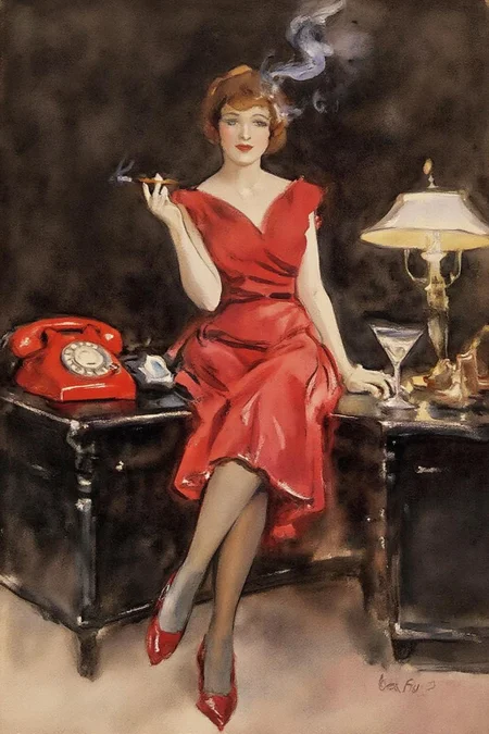 johnsingersargent3 painting. 
 A woman is sitting on a black desk. She is dressed in a red dress, stockings, and high-heeled shoes. She is holding a cigarette, with smoke rising above her. On the desk are a red rotary telephone, a desk lamp, and a martini glass.  <lora:johnsingersargent3_cap_d8a4e12:1.0><lora:859978907502273058:0>
