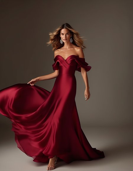 A full-body portrait of a model in a flowing crimson silk dress with an off-the-shoulder neckline, the fabric cascading in soft waves down to the floor. Her long, wavy hair is swept to one side, revealing elegant diamond earrings that catch the light as she moves. <lora:usual-portrait-v2:1>