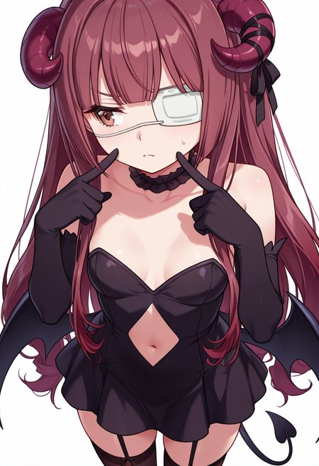 Smooth Quality,masterpiece,very intricate, high quality details, ultra realistic, high detailed skin,detailed enviorement,absurdres,
pointing at self,
 <lora:Hanazono_Yurine_CNR:0.8> yurine_cnr, brown hair,very long hair, brown eyes, medical eyepatch, frown, 
yurine_succubus_cnr, demon girl, curled horns, demon wings, low wings, demon tail, navel cutout, black dress, strapless dress, elbow gloves,black thighhighs, garter straps,black choker, hair ribbon, simple background, white background, front view,solo,, nervous,