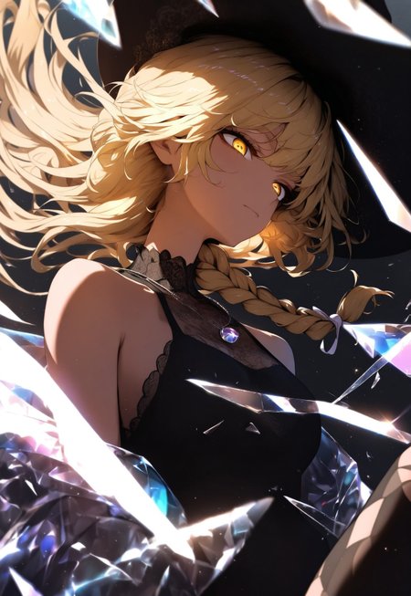 close-up, kirisame marisa, touhou, 1girl, yellow eyes, blonde hair, long hair, single braid, witch hat, falling down, skyscraper, transparent jacket, holographic clothing,(iridescent),open jacket, puffy_sleeves, sleeves_past_fingers, sleeves_past_wrists, very_long_sleeves, bare shoulders, dark nightsky, dynamic pose, abstract, intricate pattern mismatched legwear, black lace dress, reflection, light particles,glitching, closed mouth, darkness, fantasy, dark, strong visual impact, loop lighting, glass shards, broken glass, frills, necklace, shattering, cracking, dramatic composition, city lights, cityscape, bioluminescence, hair floating up, 

ultra-detailed face, Solo,,

dynamic light, light particles, beautiful light, detailed background,depth of field, 

ambient lighting, soft shadows, raytracing,ambient occlusion,

masterpiece, high score, great score, absurdres, best quality, very aesthetic, huge filesize, JK Style,