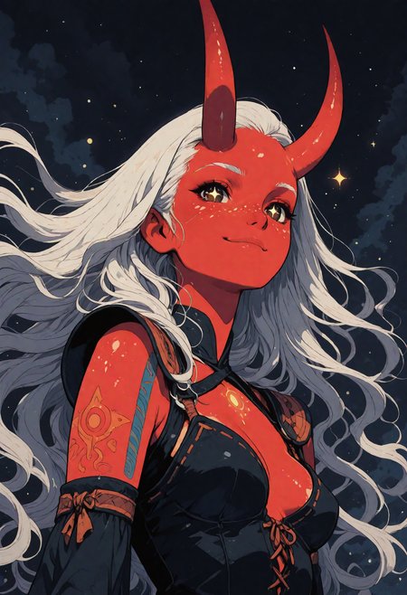 oni girl, (white hair:1.5), (red skin:1.4), (large red horns:1.6), cute, smirk, tribal fantasy armor, (glowing freckles:1.3), (sparkling eyes:1.4), (flowing hair:1.5), (anime style:1.3), (night sparkles background), shoulderfree, medium round breasts, shiny skin, magical atmosphere, joyful expression, soft lighting, dynamic hair strands, vibrant color contrast, fantasy tribal jewelry :: anime, cel-shaded, digital painting, fantasy illustration :: artist: Kazuki Takahashi, low angle
sinozick style, flat color, dark theme, in the style of cksc, illustration, masterpiece, (extremely detailed CG 8k), (very fine 8K CG), (ultra detailed perfect piece:1.2), lat color, no lineart,,(no lineart, flat art style:1.0), NO_LINE_ART, comical, simple,
 <lora:Sinozick_Style_XL_Pony:0.35> <lora:NOOB_vp1_detailer_by_volnovik_v1:1> <lora:ponyv6_noobV1_2_adamW:0.9> <lora:ck-shadow-circuit-IL:1>