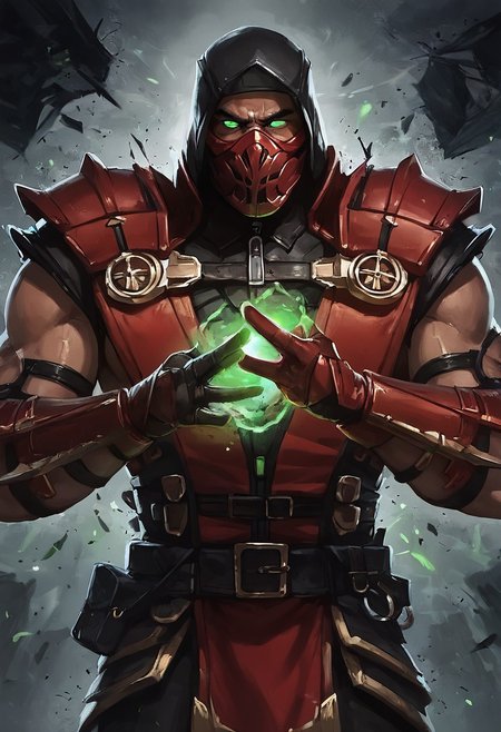 score_9, score_8_up, score_7_up, score_6_up, score_5_up, score_4_up, masterpiece, perfect face, perfect eyes, Mortal Kombat Style,
solo, looking at viewer, gloves, 1boy, (((red armor))), male focus, belt, hood, (((red mask))), glowing, shoulder armor, glowing green eyes, ninja, sickle gloves, 
background ((highly detailed, masterpiece, swirling green  soul orbs, debris, gothic like atmosphere)), at night, sexy guy, (((Mortal Kombat Style))), mature male, standing, green glowing magic energy in hands, body glowing with a green outline of energy, dynamic pose, serious, serious look, ((half body shot:1.5)), front view, male focus, looking at viewer,