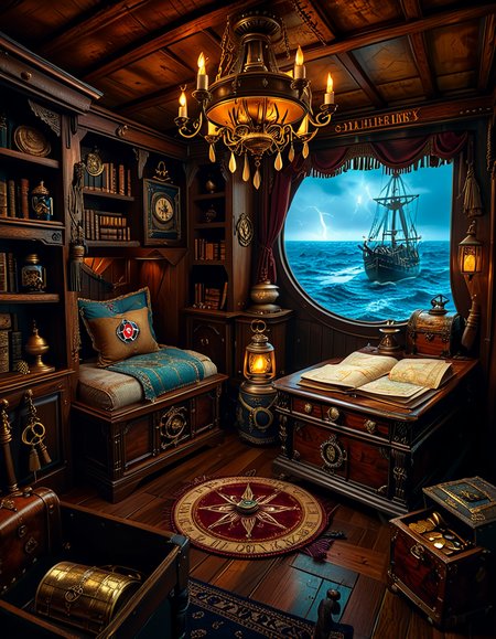 <lora:Captain_c4b1n:1>,Captain c4b1n
A richly detailed pirate captain's cabin aboard an 18th-century wooden ship. The room is dimly lit by flickering candlelight and a hanging oil lantern, casting warm golden glows on the dark oak walls. An ornate wooden desk sits at the center, covered with ancient, weathered maps, a golden compass, and scattered quills with ink bottles. A large, curved window at the back reveals the vast ocean under a moody, cloudy sky, with faint moonlight seeping in.
To the right, a massive wooden bookshelf filled with leather-bound books, nautical charts, and mysterious artifacts, some covered in dust. On the left, a polished mahogany chest with intricate carvings, partially open, revealing gold coins and shimmering gemstones. A grand captain's chair, upholstered in deep red velvet, sits behind the desk, exuding authority and power.
The wooden floor is rugged and slightly uneven, adorned with an old tattered rug. A cutlass and a flintlock pistol rest casually on the desk, while a pirate hat with a large feather hangs on the wall beside a mounted shipâs wheel. The atmosphere is both eerie and majestic, evoking the spirit of adventure and the mysteries of the sea.
<lora:SDXLFaeTastic2400:0.4> <lora:extremely_detailed:0.4> extremely detailed, Masterpiece,best quality,hi res,8k,hi res,8k,award winning,(sharp focus, intricate, highly detailed),