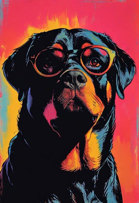 impactful color paint of, a Rottweiler wearing dark sunglasses, highly detailed, vibrant colors , 8k, sharp, professional, clear, high contrast, high saturated, , vivid deep blacks, crystal clear