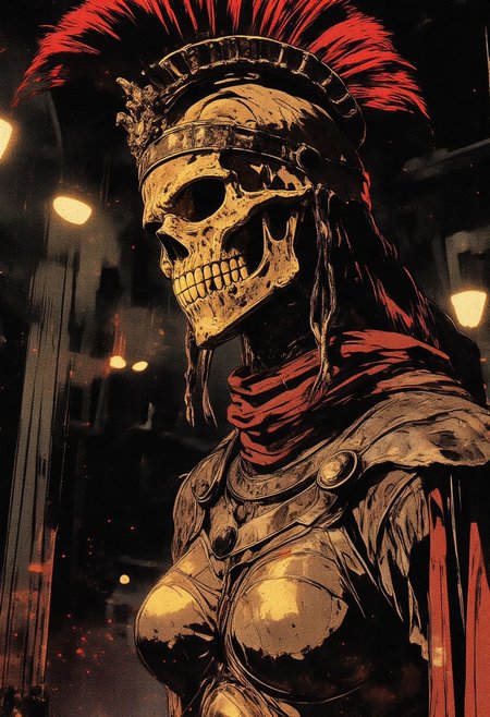Female Roman soldier, skull face mask, in profile, wearing traditional armor, battle damaged armor, breasts, breast plate, dark and moody background, adds a dramatic tone, subtle lighting reflections, ray traced, foreshortening, Holding a sword,