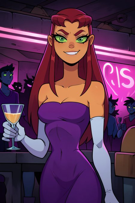 zPDXL2,<lora:CitronAnimeTreasure:.7>,<lora:StarfireOG:.8>
Koriand'r, woman, long red hair, green sclera, orange skin,purple dress, white elbow gloves, looking at viewer, serious, smirk, standing, holding martini glass, inside nightclub, neon lighting, crowd,