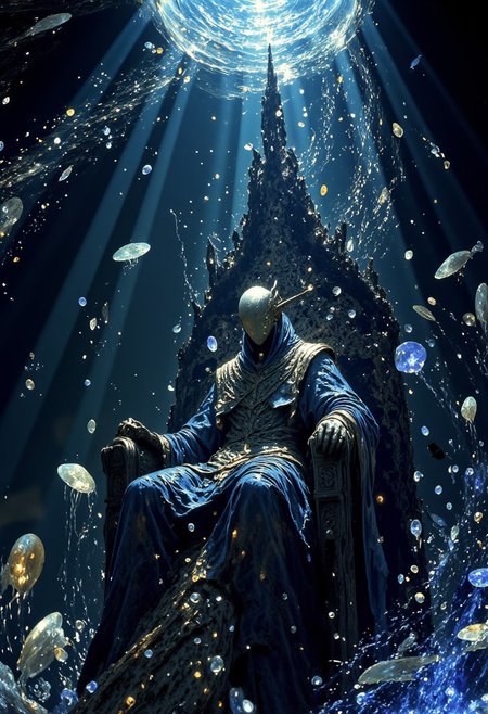 Masterpiece, A stunningly detailed and hyper-realistic underwater scene featuring a majestic monarch seated on a colossal throne crafted from black coral and obsidian. The monarch exudes an aura of power and elegance, their attire a blend of regal and abyssal, adorned with glowing bioluminescent patterns. Surrounding them are ethereal deep-sea creatures, including glowing jellyfish, mysterious fish, and swirling schools of luminescent particles. The lighting creates a surreal ambiance, with faint shafts of sunlight filtering from above, adding depth to the dark, mysterious ocean floor. The throne is intricately detailed, with sharp edges and natural formations, emphasizing both elegance and the raw power of the abyss. Masterpiece, ultra-detailed textures, cinematic lighting, and awe-inspiring composition.