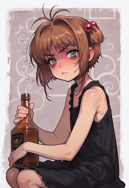score_9, score_8_up, score_8, side view, 1girl, Kinomoto_Sakura, (young:1.5), green_eyes, brown_hair, short_hair, antenna_hair, hair_intakes, flat_chest, hair_bobbles, drunk, holding whiskey, angry, bags under eyes, shouting, facing viewer, pointing at viewer, looking at viewer, Expressiveh, detailed background, very detailed, Bar background, sitting at bar