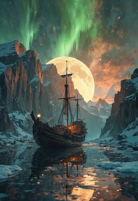 Valhalla viking ship flying to the moon through aurora northern lights, solar wind, magnetospheric plasma, ionization, thermosphere/exosphere, cold/warm, milky way background, cosmic, astral, quantic, lucid dream, jaccob ladder, cyberpunk medieval norse celtic art,energy-filled epic science fiction film concept digital art by Maciej Kuciara and Vincent Di Fate, Hasselblad electric camera 70mm film, double long exposure panoramic photo in the style of Ansel Adams <lora:add-detail-xl:1>  <lora:MJ52:0.5>