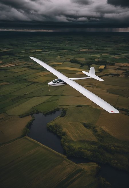 ultrarealistic photography, (white sailplane flying thousand feet above the ground in a banking turn), thousand feet altitude, (dark clouds background:1.4), (stormy weather in background:1.2), fields and rivers in the depth below, high resolution photography, 8K, UHD, (candid shot)