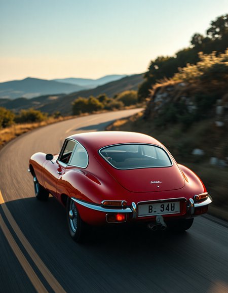 An e-type jaguar, painted a vibrant Titian red, hurtles down a winding road. The car's lines are sharp and aerodynamic, with exaggerated curves that accentuate its speed. The motion blur is pronounced, capturing the blur of the wheels and the streaking taillights. The background is a blurred landscape of rolling hills and a clear blue sky. The sun glints off the polished paintwork, creating a shimmering effect. The car's headlights pierce the twilight, illuminating the path ahead.