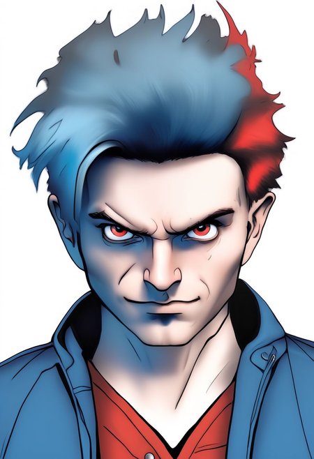 Duskfallcrew Art Style, solo, blue eyes, shirt, 1boy, white background, blue hair, jacket, male focus, open clothes, pants, hood, hair over one eye, red jacket, grimace, frustrated look,  masterpiece, official art, best quality,