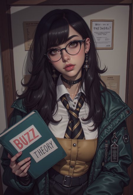 Ultra high quality, very detailed, Black hair teacher in a glasses stands with a book, book with text says "BUZZ THEORY", she has strict style makeup, medium breast, in the summer, wearing a jacket